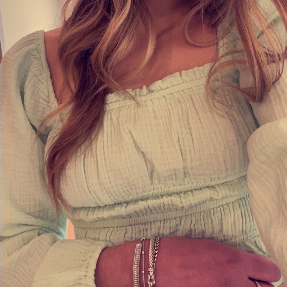 Pastel/Light Green Ruffled Off the Shoulder Long Sleeve Top